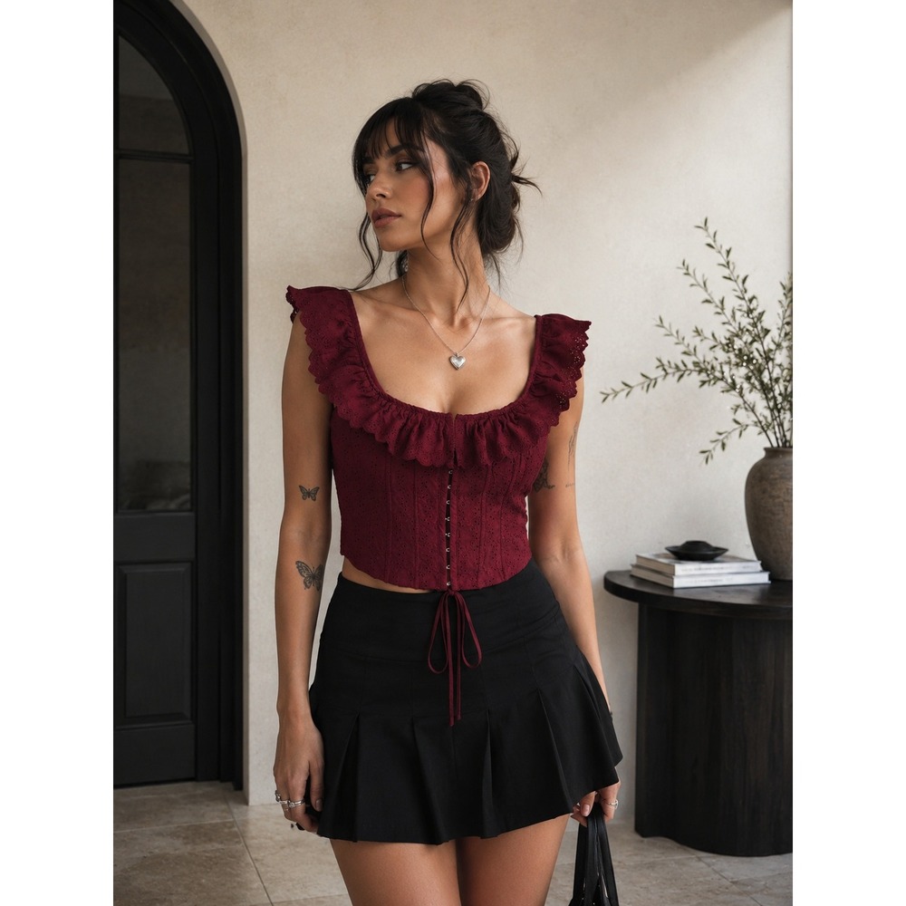 Burgundy Eyelet Corset Crop Top Size Large Cottagecore Coquette Romantic